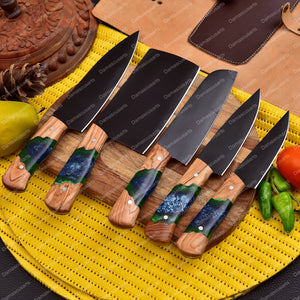 Carbon Steel Chef Knife Set With Rolling Leather Bag Green