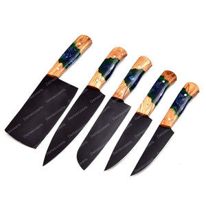 Carbon Steel Chef Knife Set With Rolling Leather Bag Green