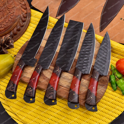 Carbon Steel Chef Knife Set With Rolling Leather Bag Red