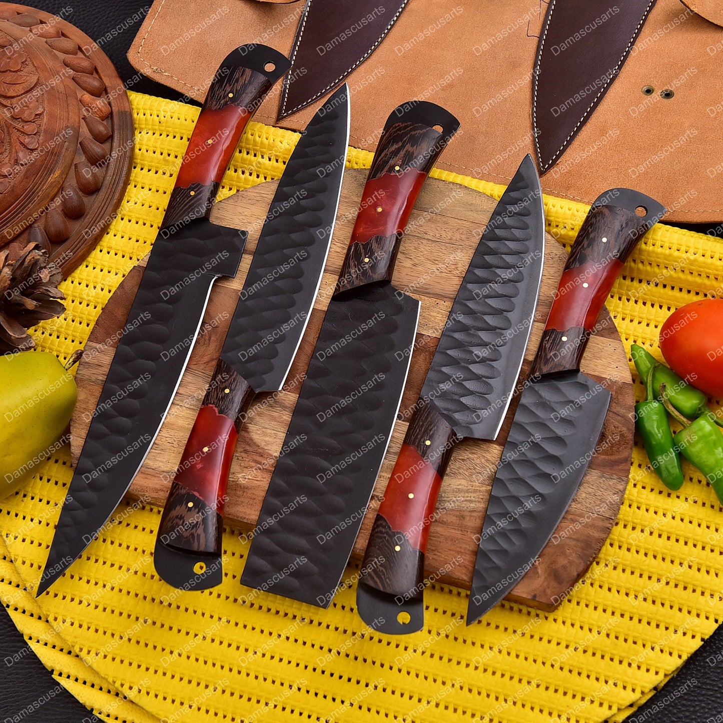 Carbon Steel Chef Knife Set With Rolling Leather Bag Red