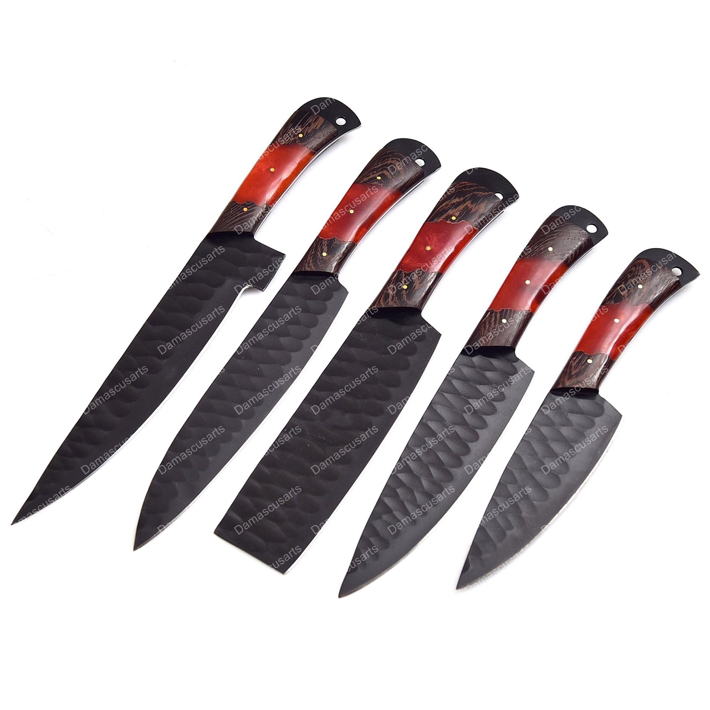 Carbon Steel Chef Knife Set With Rolling Leather Bag Red