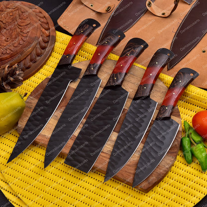 Carbon Steel Chef Knife Set With Rolling Leather Bag Red