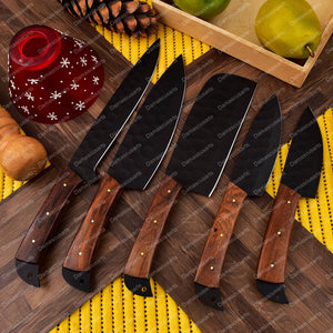 Carbon Steel Chef Knife Set With Rolling Leather Rosewood