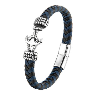 Mens Titanium Steel Bracelet Leather Braided Anchor