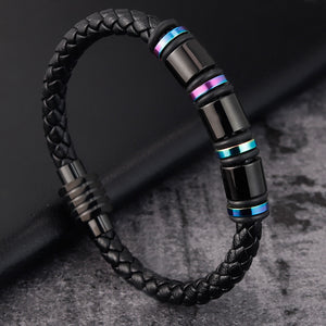 Mens Leather Titanium Steel Simple Bracelet