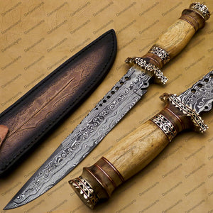 16" personalized Python High End Handmade Damascus Steel Mosaic Bowie Knife Hunting Knife 11 inches Blade with handle leather sheath