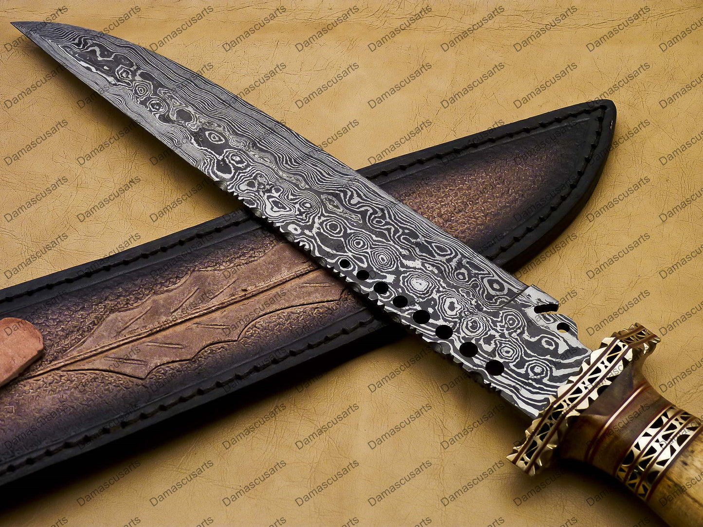 16" personalized Python High End Handmade Damascus Steel Mosaic Bowie Knife Hunting Knife 11 inches Blade with handle leather sheath