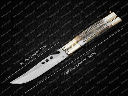 Personalized Custom Handmade D2 Tool Steel Original Filipino Balisong Butterfly Knife Brass with Jigged Bone Inserts World Class Knives with Leather Sheath