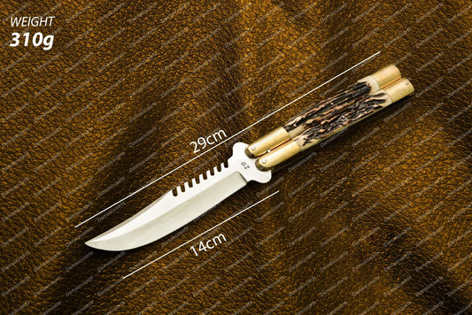 Personalized Custom Handmade D2 Tool Steel Filipino Balisongs Butterfly Stainless Steel Brass with Philippine Deer Horn Inserts Knives World-Class Knives with Leather Sheath