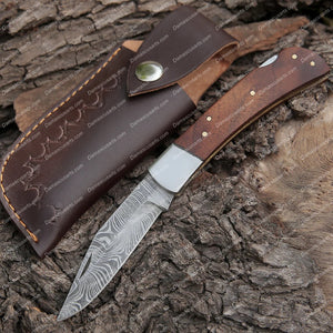 Personalized Back Lock 9" Handmade Damascus Steel Pocket Knife Dark Wood Handle Steel clips Folding Knife With Leather Sheath