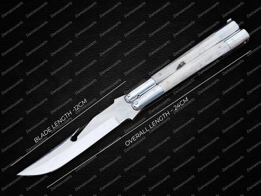 Personalized Custom Handmade D2 Tool Steel Original Filipino Balisong Butterfly Knife Stainless Steel with Bone Inserts World Class Knives with Leather Sheath