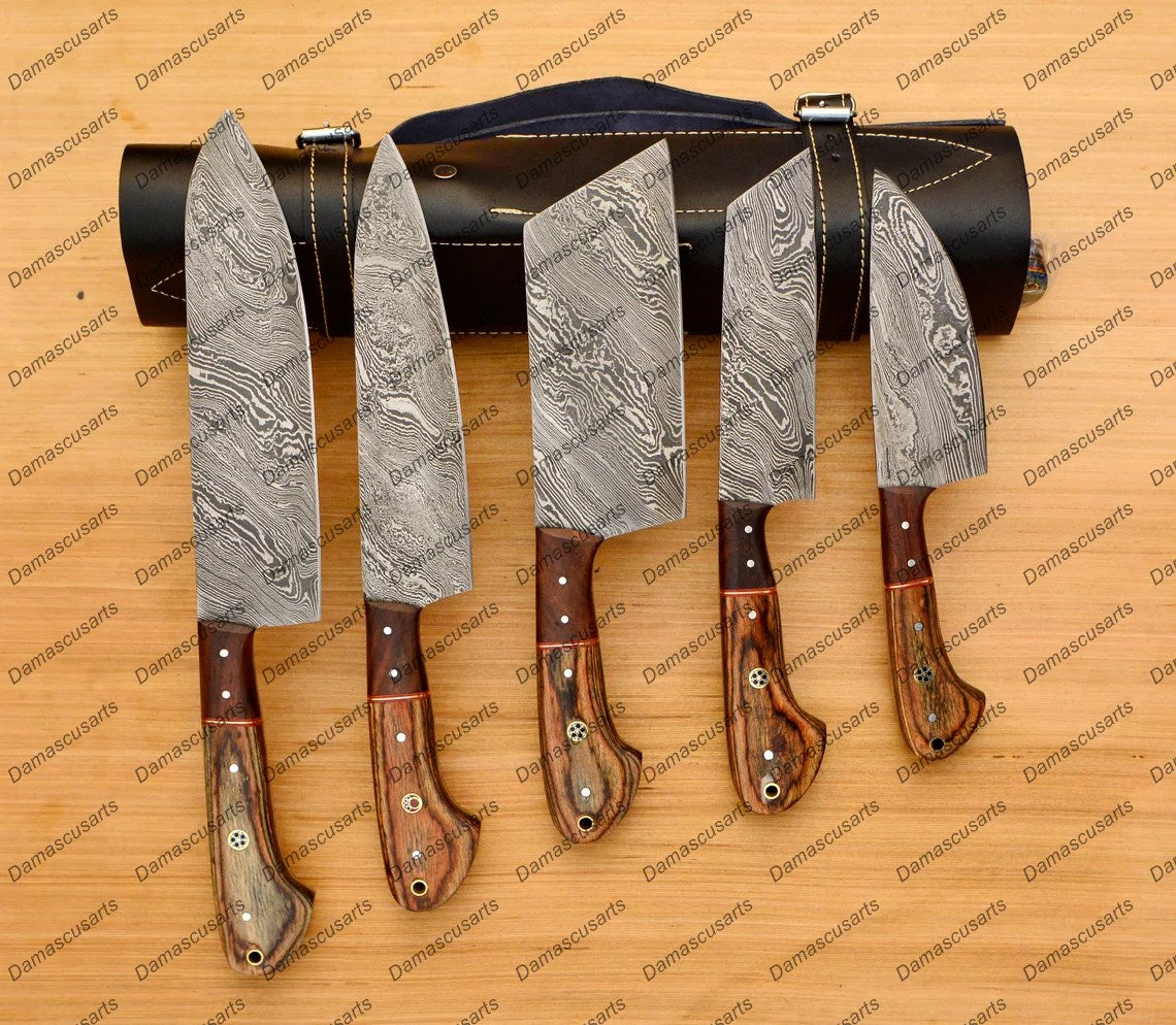 Personalized Custom Handmade Damascus Chef set Of 5pcs With Leather Cover, Kitchen Knife, Damascus Knife Set, Kitchen knives With Leather Sheath