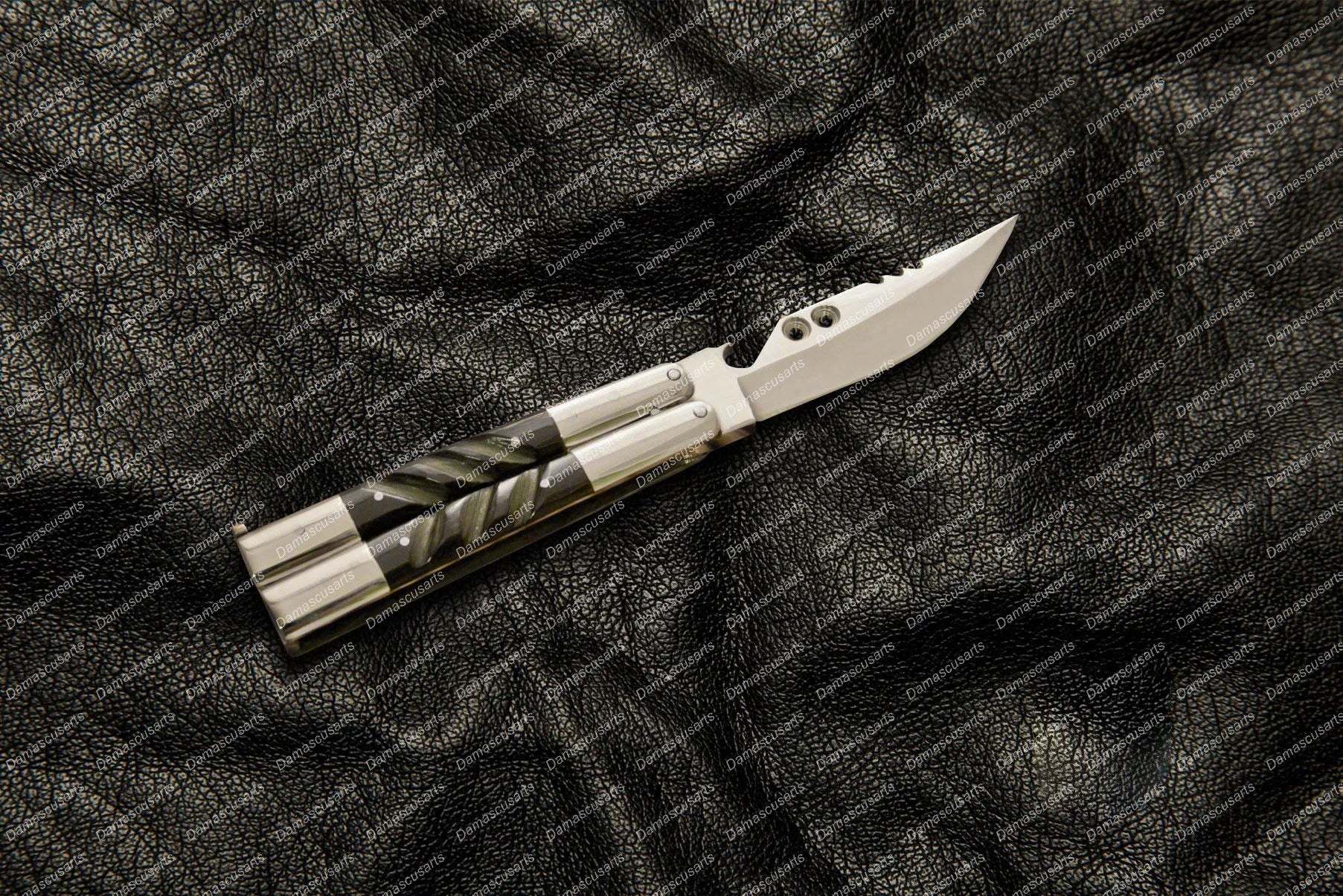 Personalized Custom Handmade High Carbon Steel Filipino Balisongs Butterfly Stainless Steel with Ram Horn Inserts Knives World Class Knives with Leather Sheath