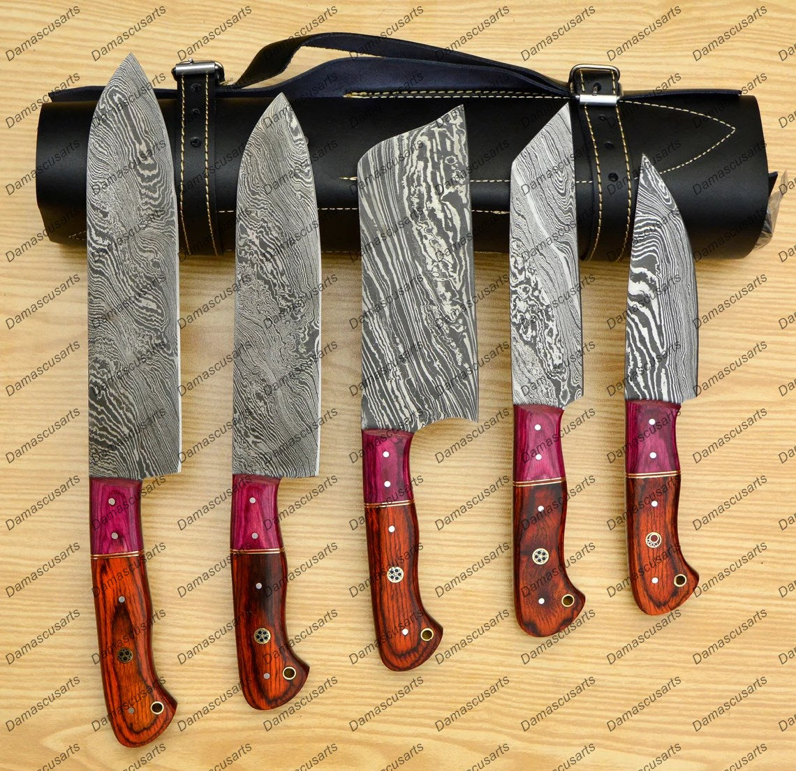 Personalized Custom Handmade Damascus Chef set Of 5pcs With Leather Cover, Kitchen Knife, Damascus Knife Set, Kitchen knives With Leather Sheath