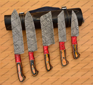 Personalized Custom Handmade Damascus Chef set Of 5pcs With Leather Cover, Kitchen Knife, Damascus Knife Set, Kitchen knives With Leather Sheath