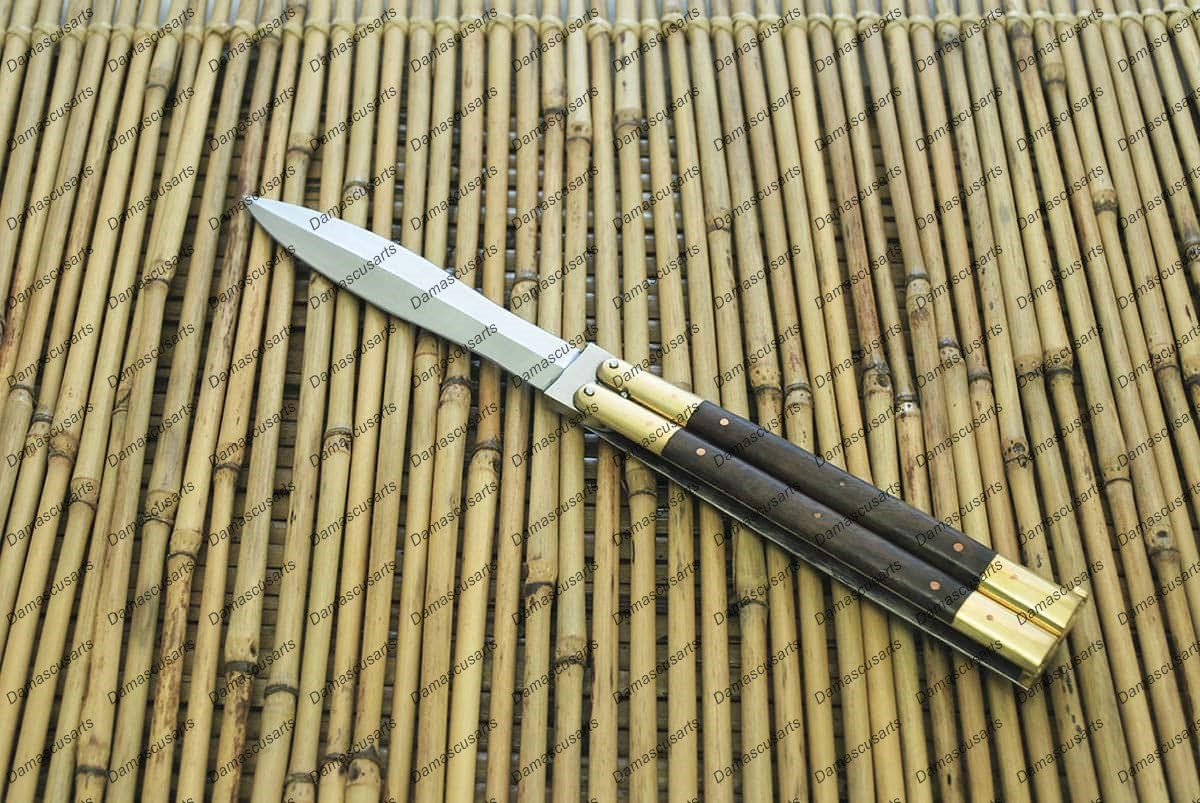 Personalized Custom Handmade High Carbon Steel Original Filipino Balisong Butterfly Knife Brass with Kamagong Wood Inserts World Class Knives with Leather Sheath