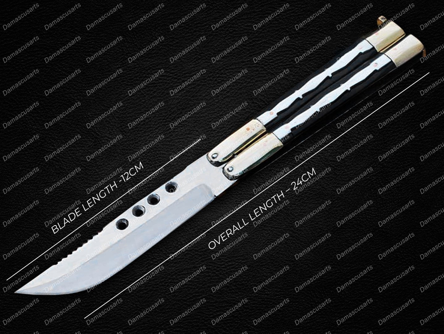 Personalized Custom Handmade D2 Tool Steel Original Filipino Balisong Butterfly Knife Brass with Stainless and Kamagong Wood Inserts World Class Knives with Leather Sheath