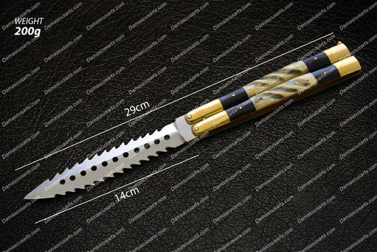 Personalized Custom Handmade D2 Tool Steel Filipino Balisongs Butterfly Stainless Steel Brass with Bone with Rosewood Inserts  Knives World-Class Knives With Leather Sheath