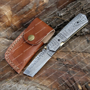 Personalized Custom Liner Lock 7" Handmade Damascus Steel Pocket Knife Damascus Steel Handle Folding Knife With Leather Sheath