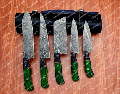 Personalized Custom Handmade Damascus Chef set Of 5pcs With Leather Cover, Kitchen Knife, Damascus Knife Set, Kitchen knives With Leather Sheath