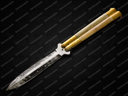 Personalized Custom Handmade 440c Stainless Steel Original Filipino Balisongs Butterfly Knife Brass with Bone Inserts with Leather Sheath