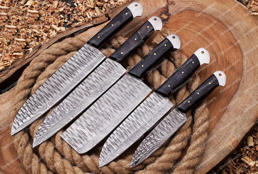 Personalized Custom Handmade Damascus Steel Chef Knives Set Chef Set Gift for Chef Kitchen Set Husband Gift Wedding Gift with Leather Sheath