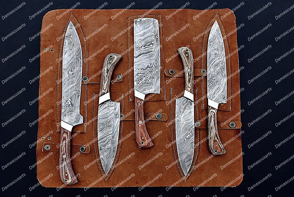 Personalized Custom Handmade Damascus Steel Chef Knives Set Chef Set Gift for Chef Kitchen Set Husband Gift Wedding Gift with Leather Sheath