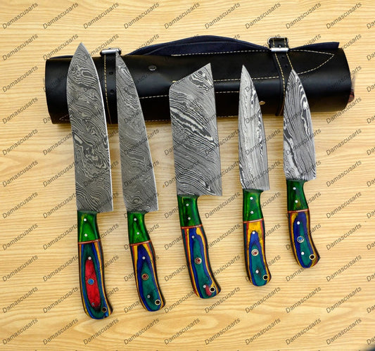 Personalized Custom Handmade Damascus Chef set Of 5pcs With Leather Cover, Kitchen Knife, Damascus Knife Set, Kitchen knives With Leather Sheath