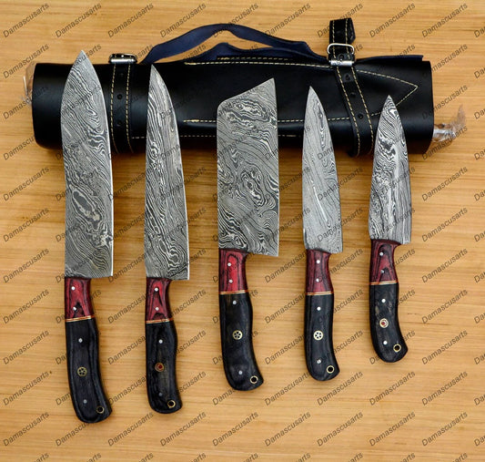 Personalized Custom Handmade Damascus Chef set Of 5pcs With Leather Cover, Kitchen Knife, Damascus Knife Set,Kitchen knives With Leather Sheath