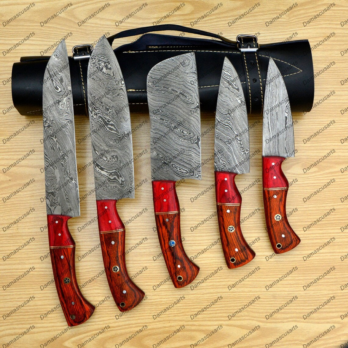 Personalized Custom Handmade Damascus Chef set Of 5pcs With Leather Cover, Kitchen Knife, Damascus Knife Set, Kitchen knives With Leather Sheath