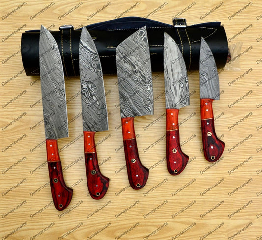 Personalized Custom Handmade Damascus Chef set Of 5pcs With Leather Cover, Kitchen Knife, Damascus Knife Set, Kitchen knives With Leather Sheath