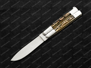 Personalized Custom Handmade 440c Stainless Steel Original Filipino Balisongs Butterfly Knife Brass with Deer Horn Inserts with Leather Sheath