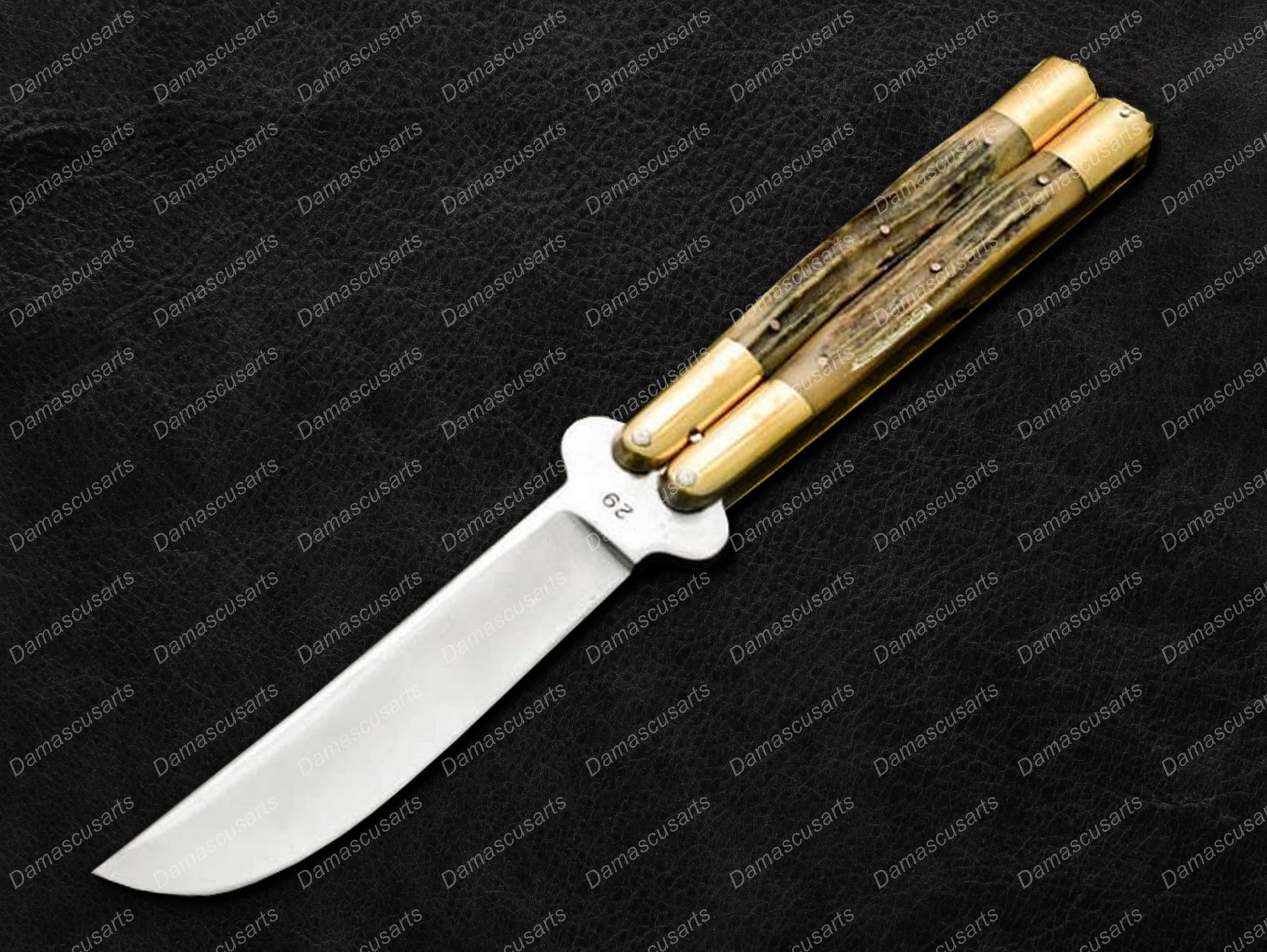 Personalized Custom Handmade 440c Stainless Steel Original Filipino Balisongs Butterfly Knife Brass with Philippine Deer Horn Inserts with Leather Sheath