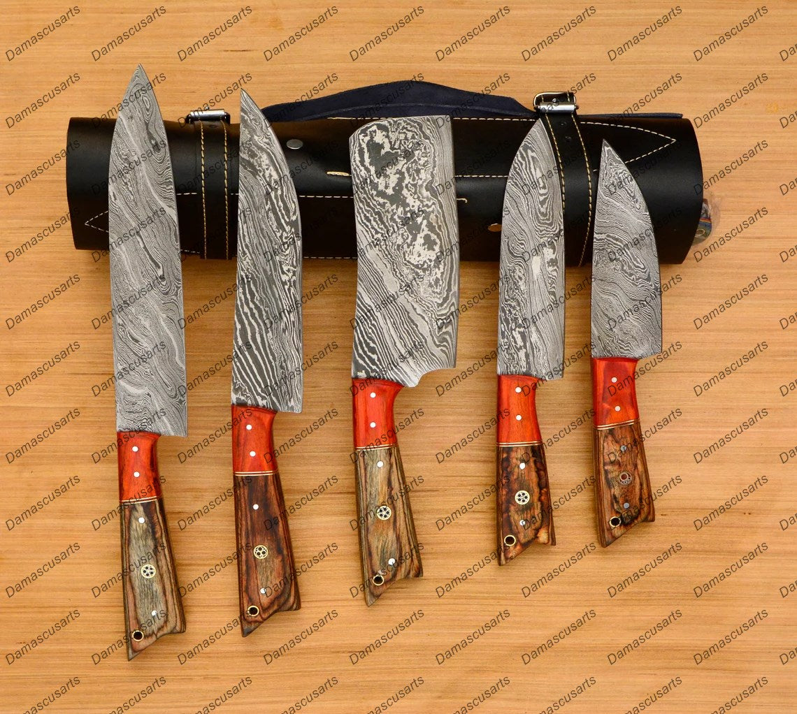 Personalized Custom Handmade Damascus Chef set Of 5pcs With Leather Cover, Kitchen Knife, Damascus Knife Set, Kitchen knives With Leather Sheath