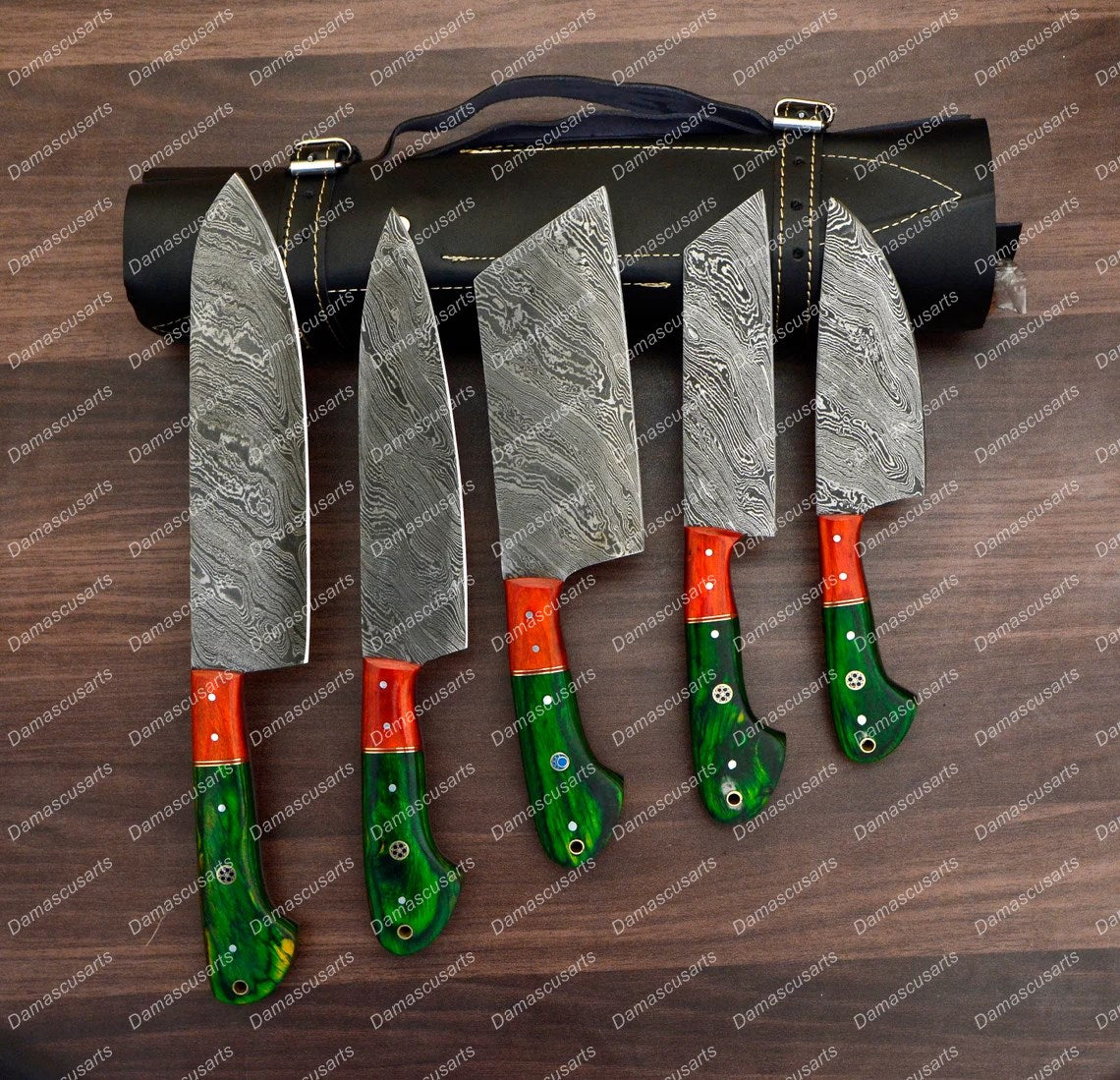 Personalized Custom Handmade Damascus Chef set Of 5pcs With Leather Cover, Kitchen Knife, Damascus Knife Set,Kitchen knives With Leather Sheath