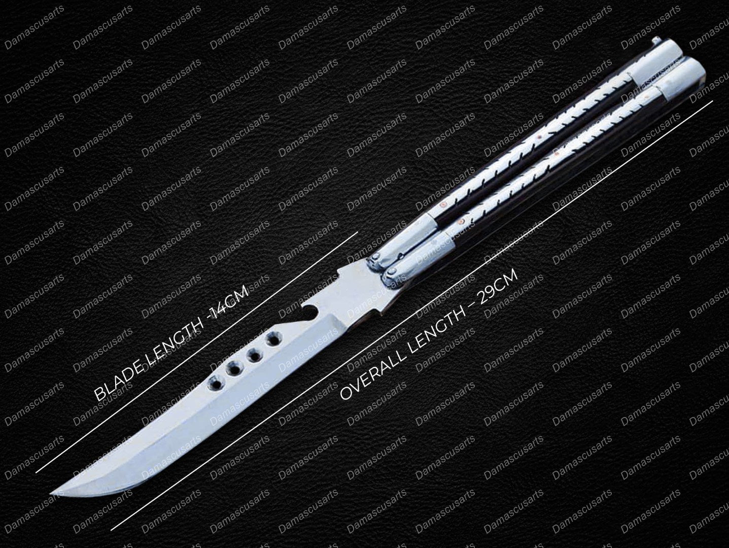 Personalized Custom Handmade D2 Tool Steel Original Filipino Balisong Butterfly Knife Stainless Steel with Kamagong Wood World Class Knives with Leather Sheath