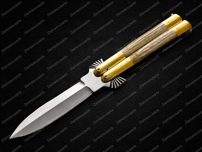 Personalized Custom Handmade 440c Stainless Steel Original Filipino Balisongs Butterfly Knife Brass with Bone Inserts with Leather Sheath