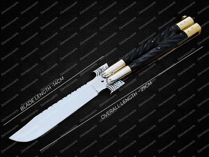 Personalized Custom Handmade D2 Tool Steel Original Filipino Balisong Butterfly Knife Brass with Kamagong Wood Inserts World Class Knives with Leather Sheath