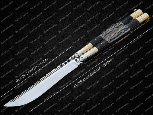 Personalized Custom Handmade D2 Tool Steel Original Filipino Balisong Butterfly Knife Brass with Carabao Horn & Jigged Bone Inserts World Class Knives with Leather Sheath