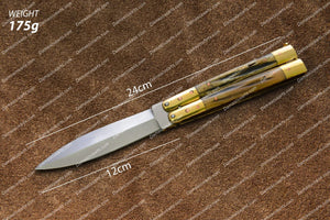 Personalized Custom Handmade D2 Tool Steel Filipino Balisongs Butterfly Stainless Steel Brass with Bone Inserts Knives World Class Knives with Leather Sheath