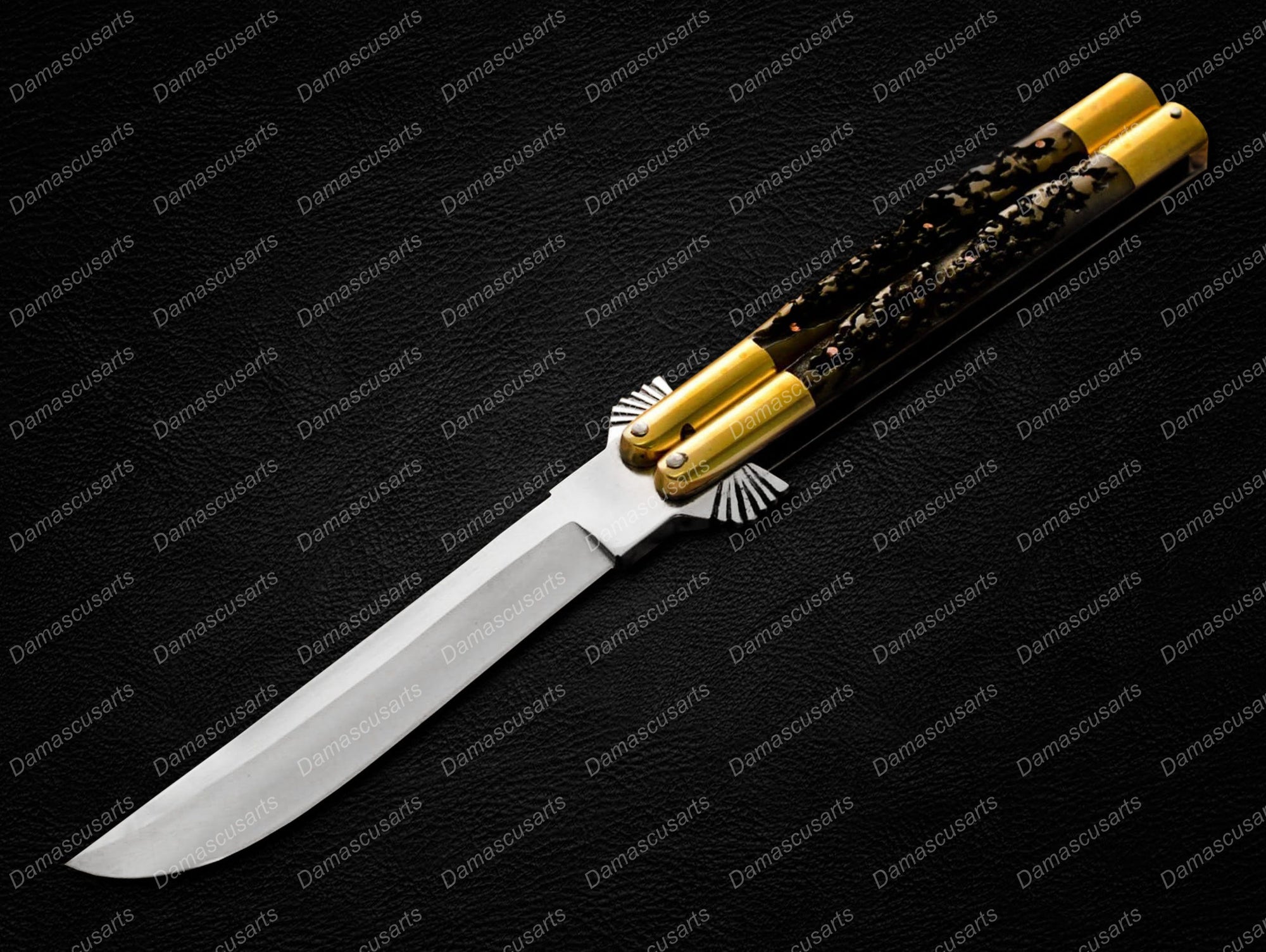 Personalized Custom Handmade 440c Stainless Steel Original Filipino Balisongs Butterfly Knife Brass with Visayan Philippine Deer Horn Inserts with Leather Sheath