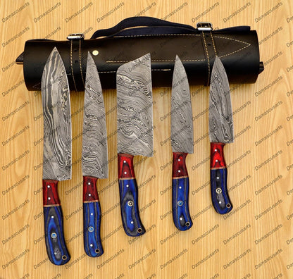 Personalized Custom Handmade Damascus Chef set Of 5pcs With Leather Cover, Kitchen Knife, Damascus Knife Set, Kitchen knives With Leather Sheath