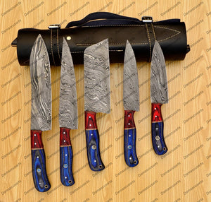 Personalized Custom Handmade Damascus Chef set Of 5pcs With Leather Cover, Kitchen Knife, Damascus Knife Set, Kitchen knives With Leather Sheath