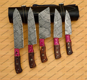 Personalized Custom Handmade Damascus Chef set Of 5pcs With Leather Cover, Kitchen Knife, Damascus Knife Set, Kitchen knives With Leather Sheath