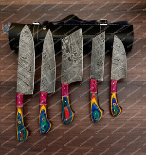 Personalized Custom Handmade Damascus Chef set Of 5pcs With Leather Cover, Kitchen Knife, Damascus Knife Set, Kitchen knives With Leather Sheath