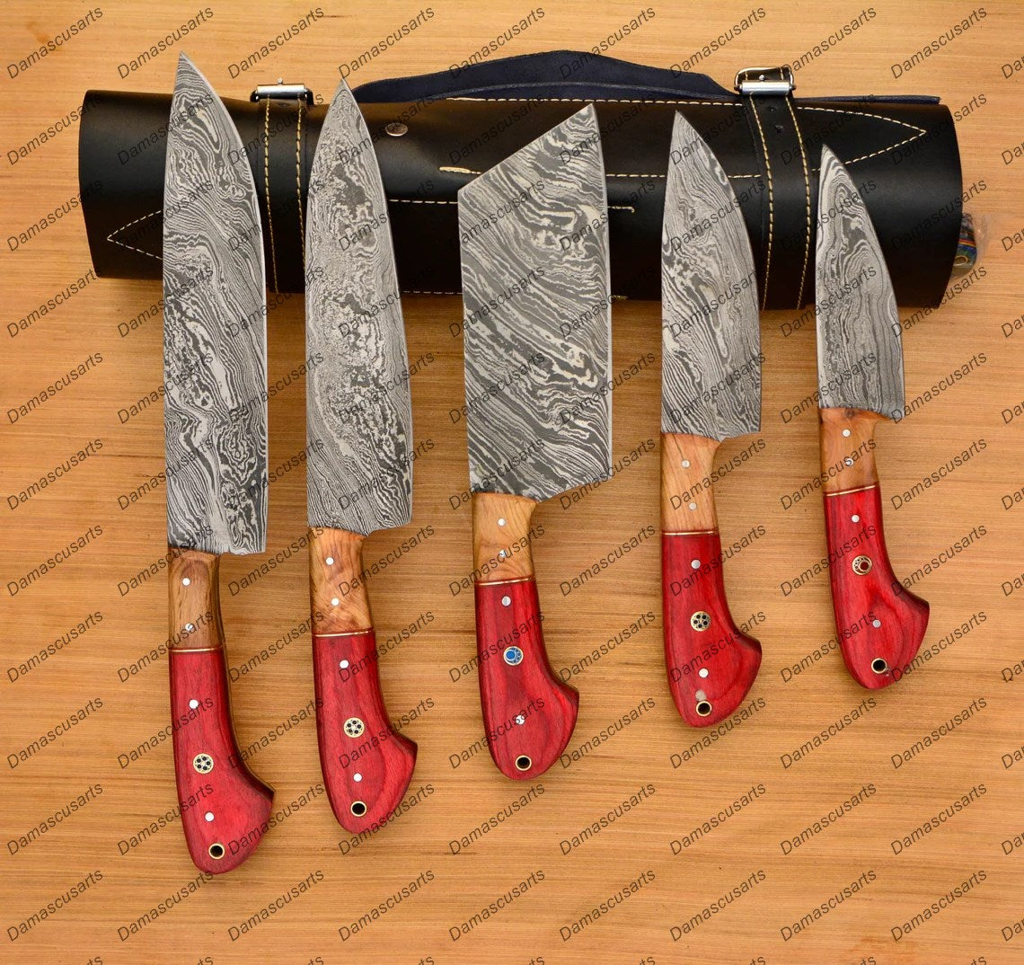 Personalized Custom Handmade Damascus Chef set Of 5pcs With Leather Cover, Kitchen Knife, Damascus Knife Set, Kitchen knives With Leather Sheath