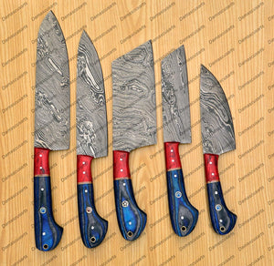 Personalized Custom Handmade Damascus Chef set Of 5pcs With Leather Cover, Kitchen Knife, Damascus Knife Set, Kitchen knives With Leather Sheath