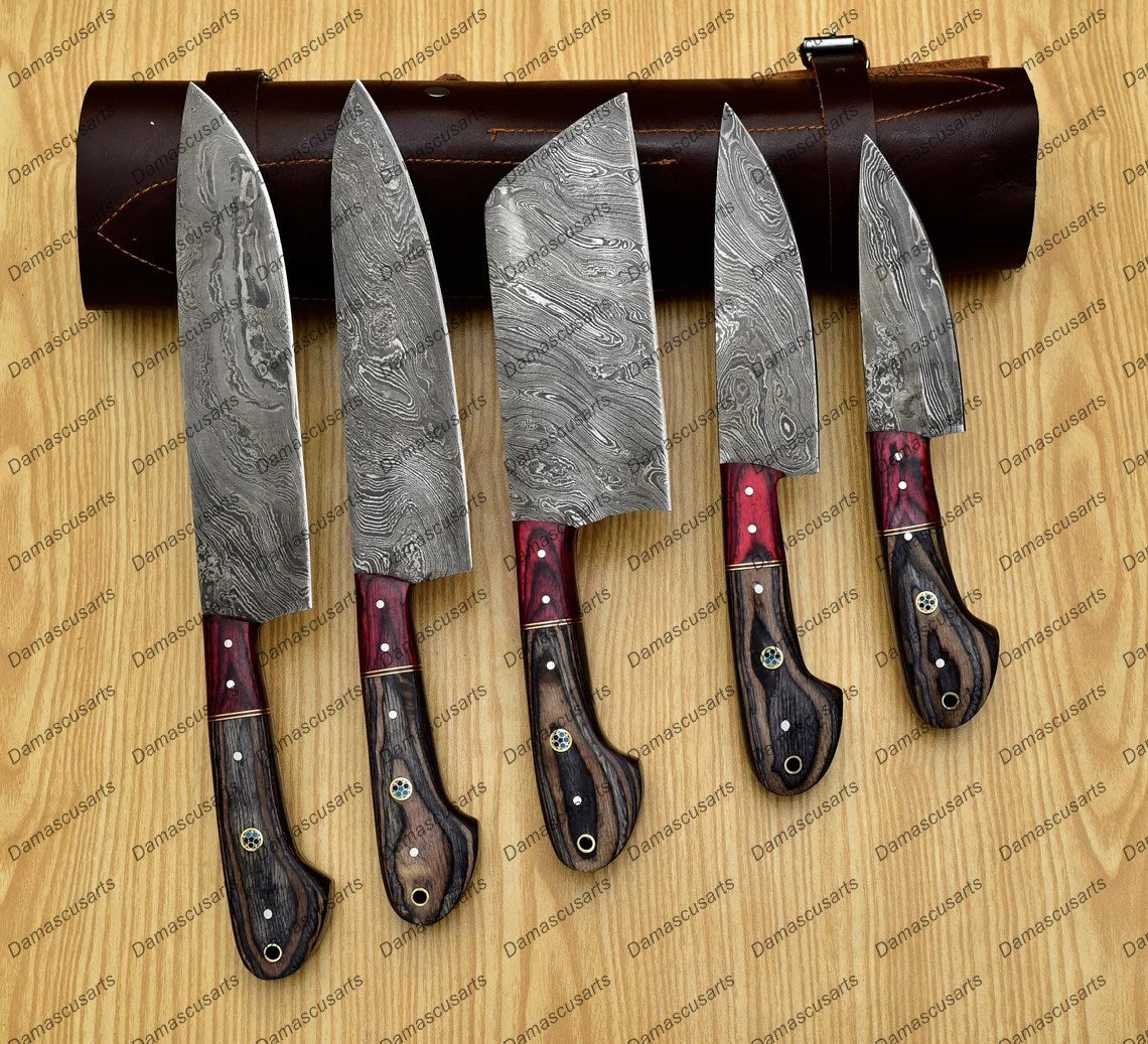 Personalized Custom Handmade Damascus Chef set Of 5pcs With Leather Cover, Kitchen Knife, Damascus Knife Set, Kitchen knives With Leather Sheath