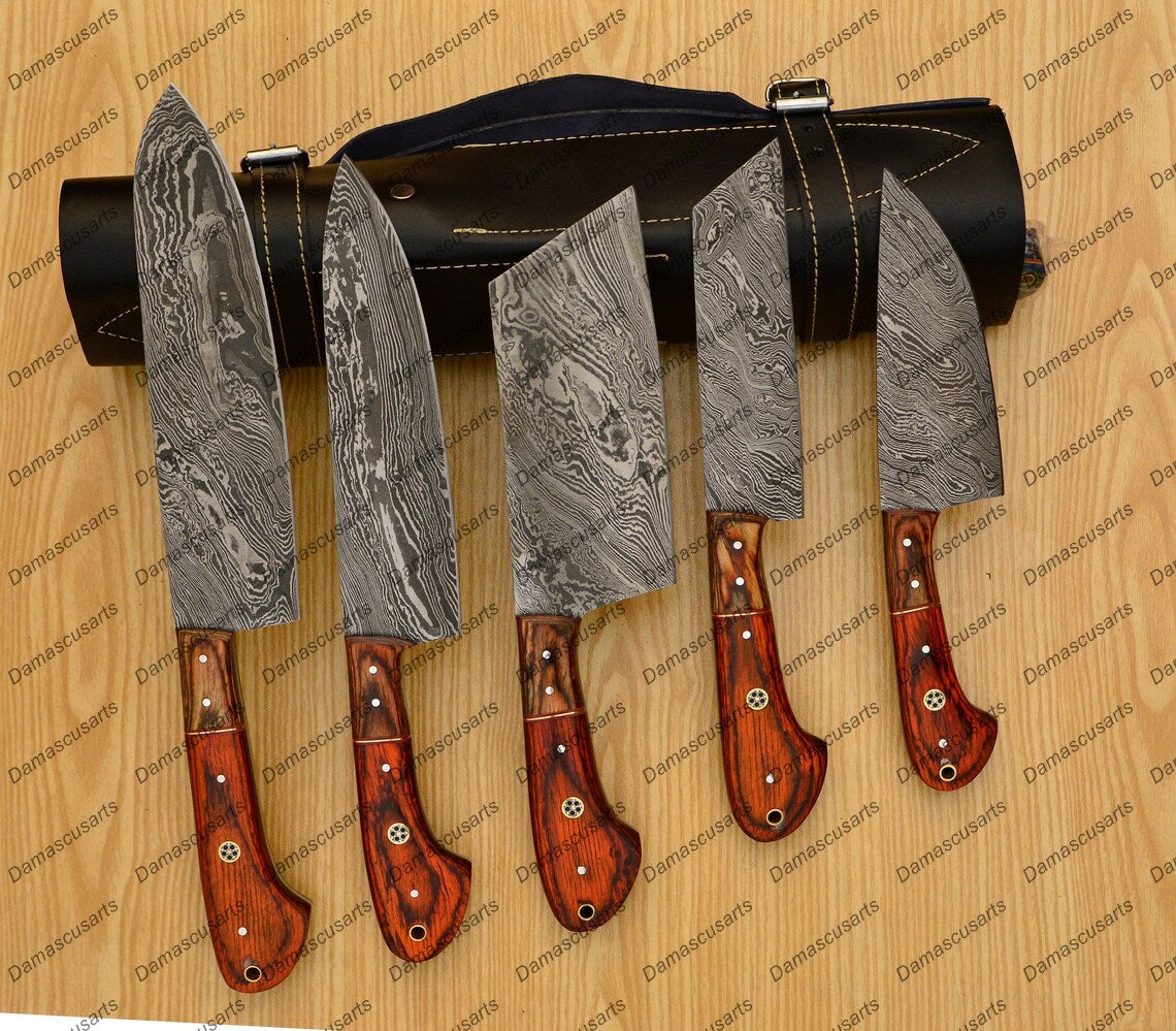 Personalized Custom Handmade Damascus Chef set Of 5pcs With Leather Cover, Kitchen Knife, Damascus Knife Set, Kitchen knives With Leather Sheath