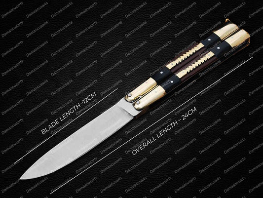 Personalized Custom Handmade D2 Tool Steel Original Filipino Balisong Butterfly Knife Brass with Kamagong Wood and Micarta Inserts World Class Knives with Leather Sheath